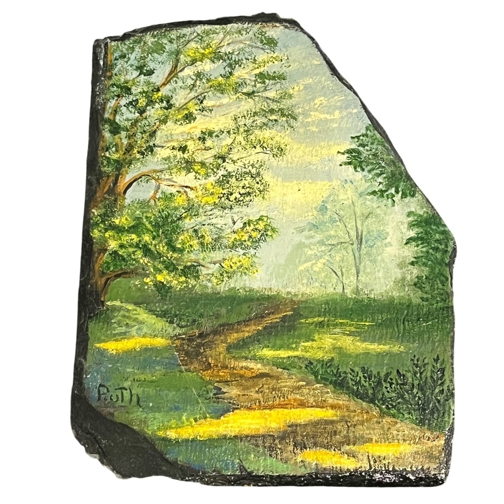 Vintage Hand Painted Slate Landscape Stone Art Signed Ruth June 1980 Path Scene